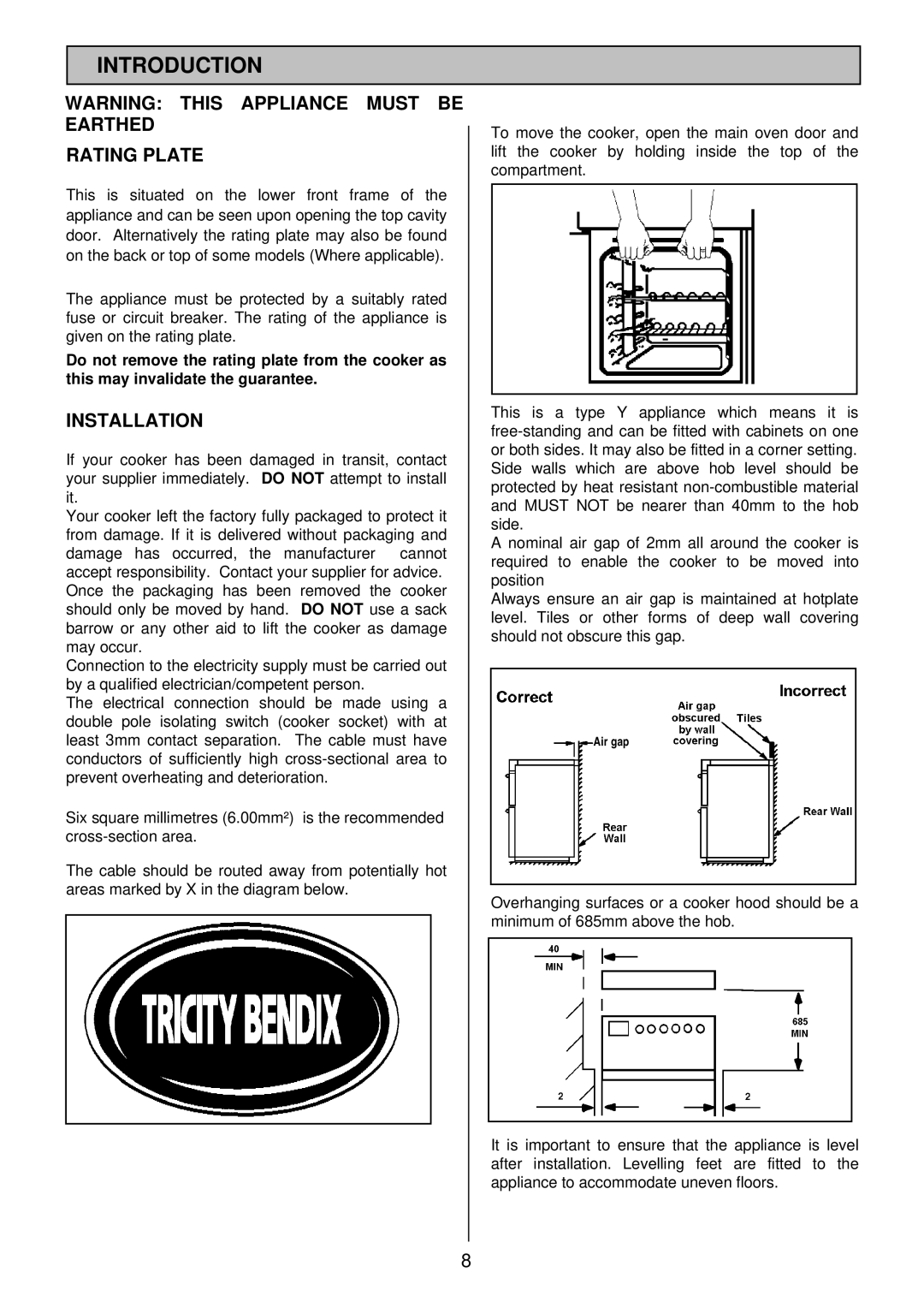 Tricity Bendix SI 453 installation instructions Introduction, Rating Plate, Installation 