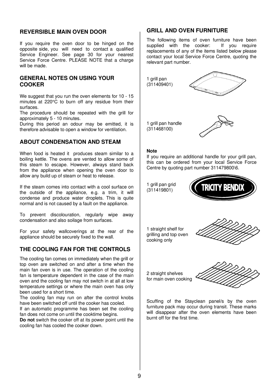 Tricity Bendix SI 453 Reversible Main Oven Door, General Notes on Using Your Cooker, About Condensation and Steam 