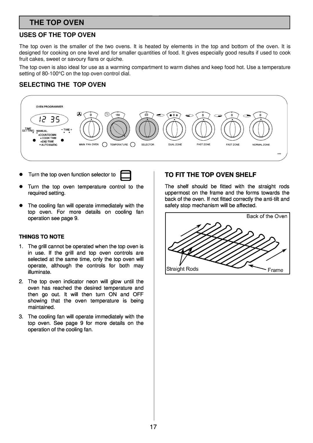 Tricity Bendix SI 453 installation instructions Uses Of The Top Oven, Selecting The Top Oven, To Fit The Top Oven Shelf 