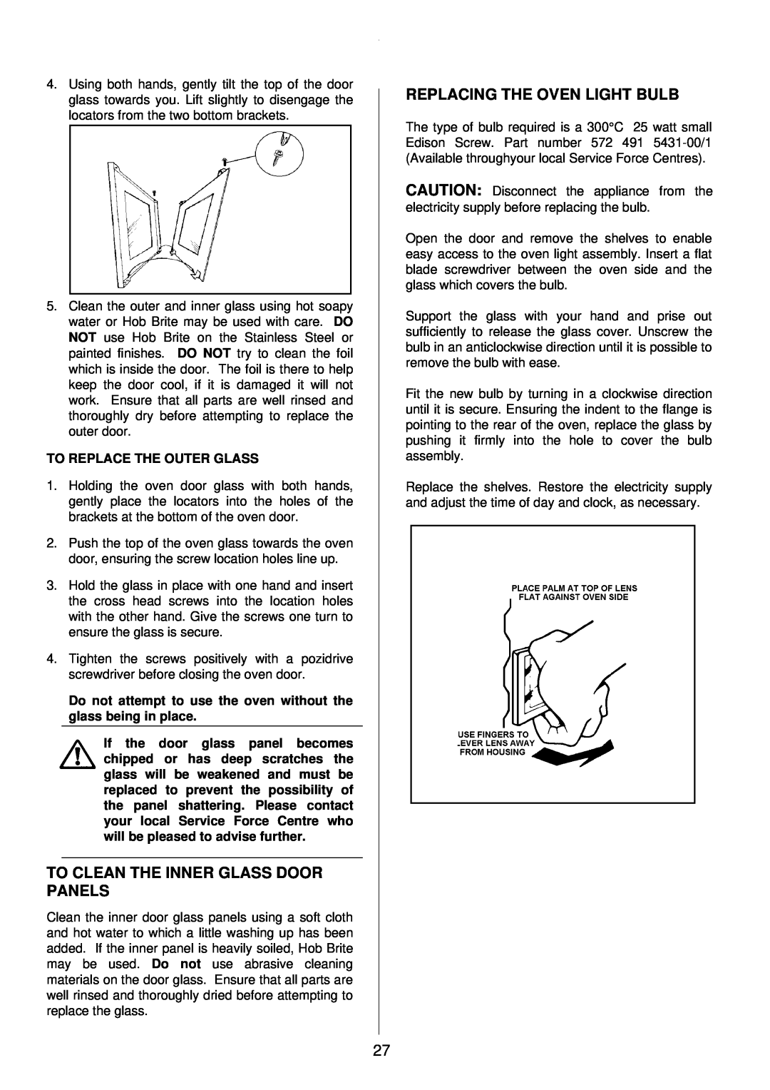 Tricity Bendix SI 453 installation instructions To Clean The Inner Glass Door Panels, Replacing The Oven Light Bulb 