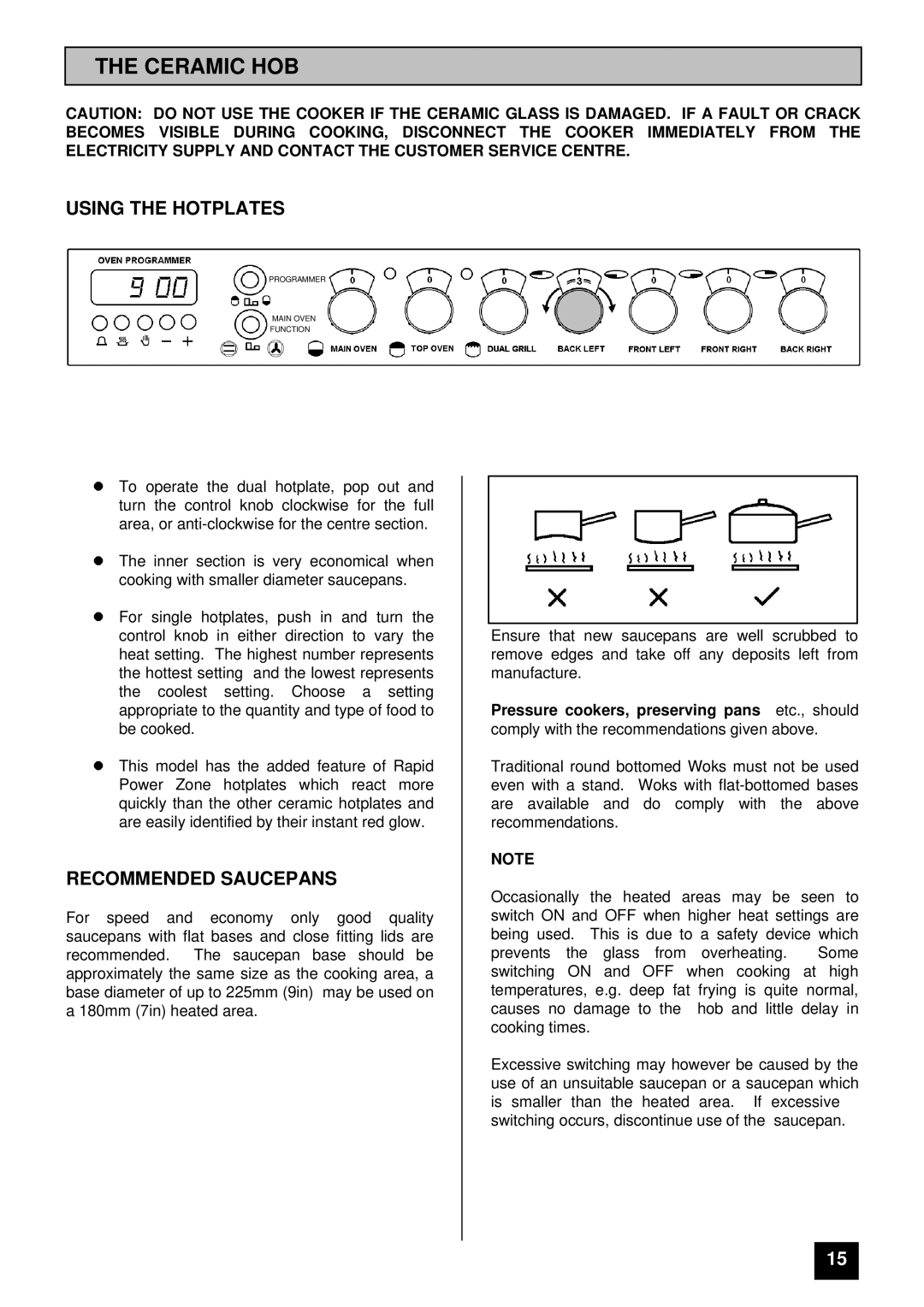 Tricity Bendix SI 535 installation instructions Ceramic HOB, Using the Hotplates, Recommended Saucepans 