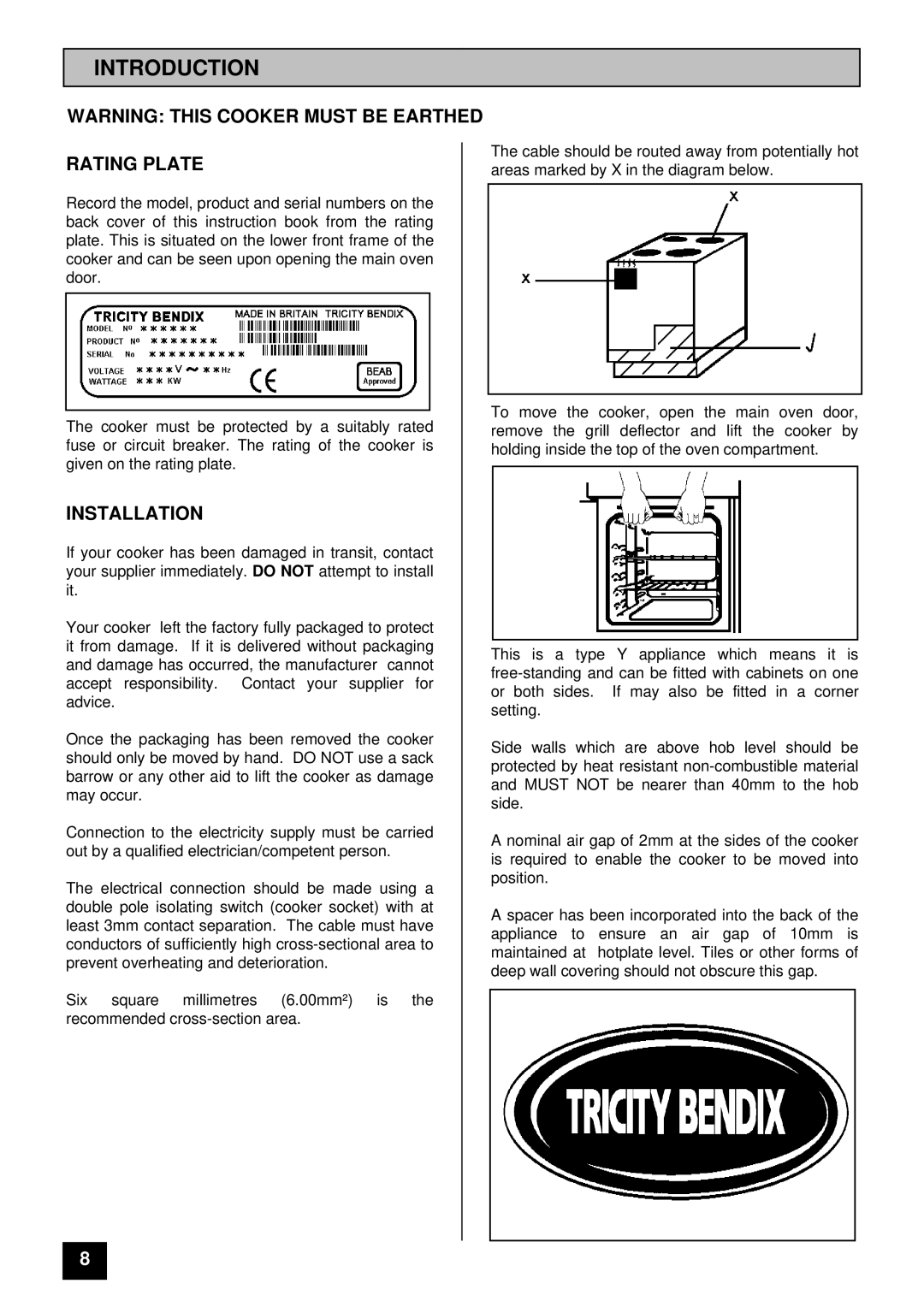 Tricity Bendix SI 535 installation instructions Introduction, Rating Plate, Installation 