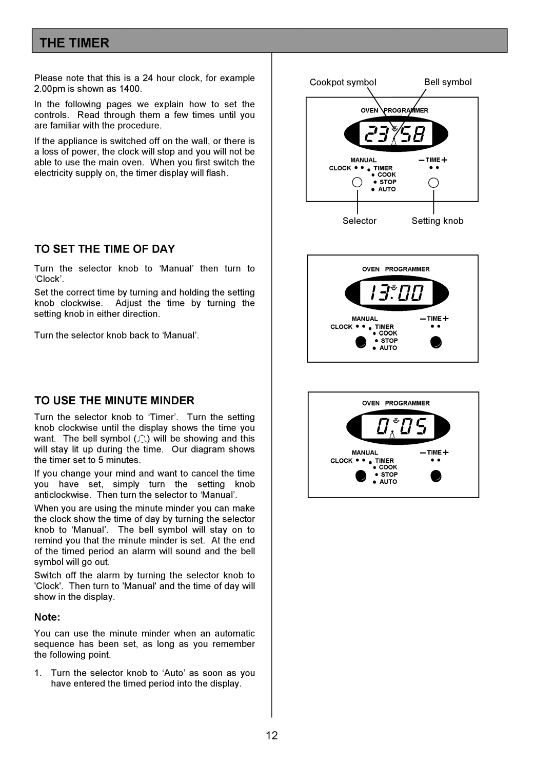 Tricity Bendix SI505 installation instructions Timer, To SET the Time of DAY, To USE the Minute Minder 