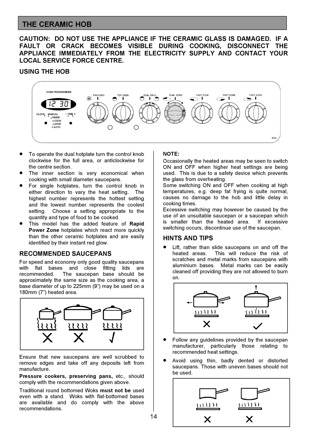 Tricity Bendix SI505 installation instructions Ceramic HOB, Using the HOB, Recommended Saucepans, Hints and Tips 