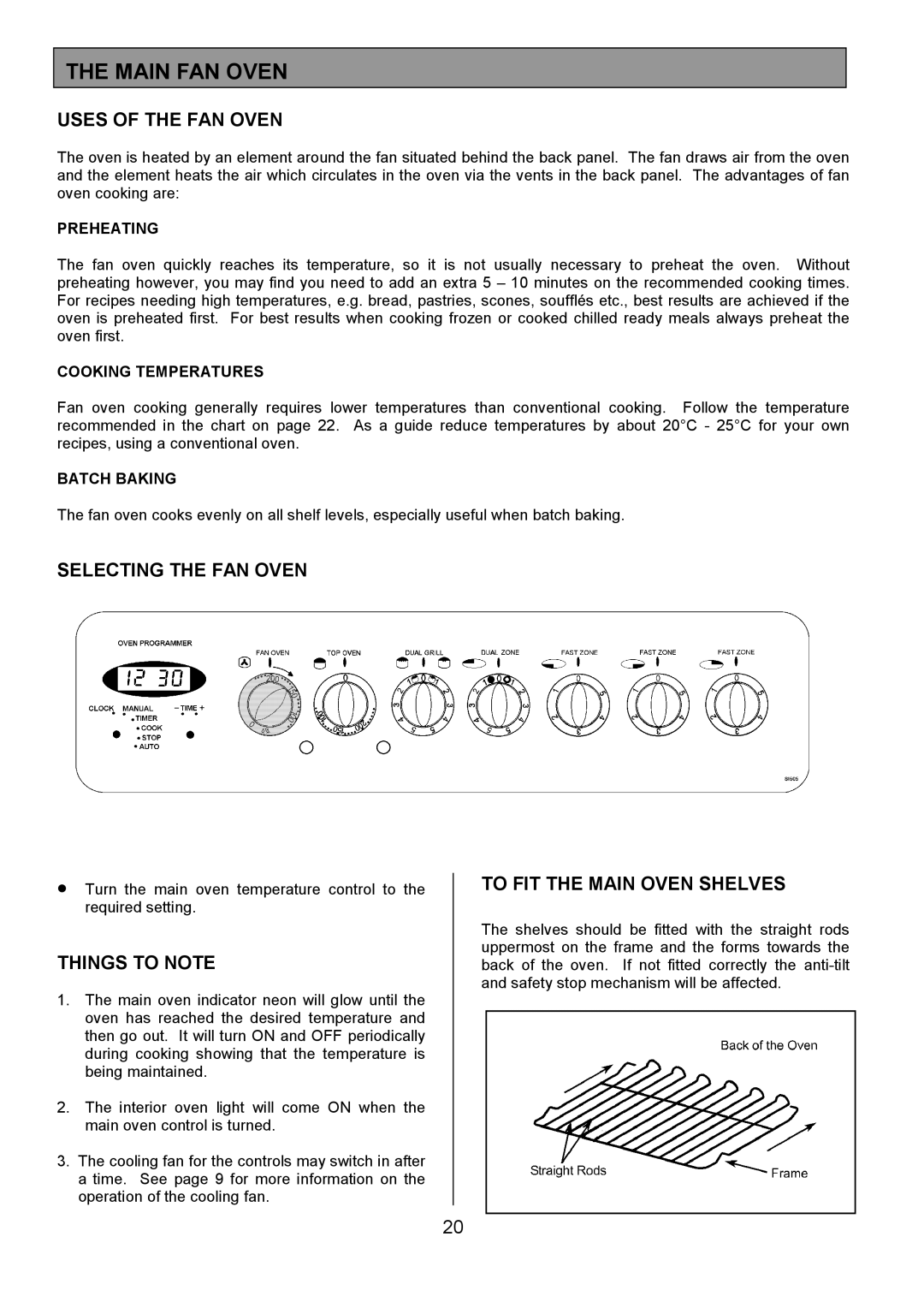 Tricity Bendix SI505 Main FAN Oven, Uses of the FAN Oven, Selecting the FAN Oven, To FIT the Main Oven Shelves 