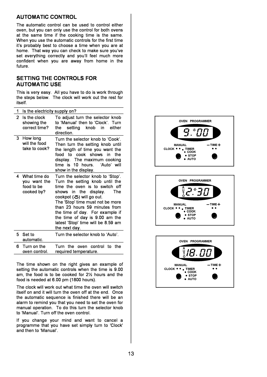 Tricity Bendix SI505 installation instructions Automatic Control, Setting The Controls For Automatic Use 