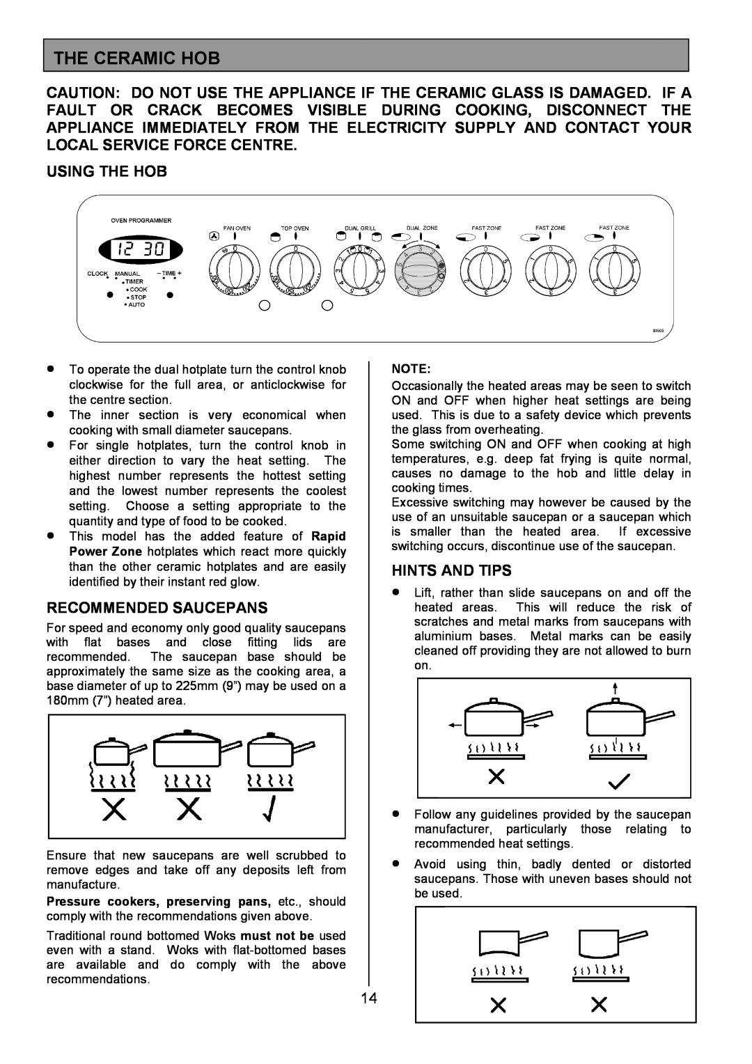 Tricity Bendix SI505 installation instructions The Ceramic Hob, Using The Hob, Recommended Saucepans, Hints And Tips 