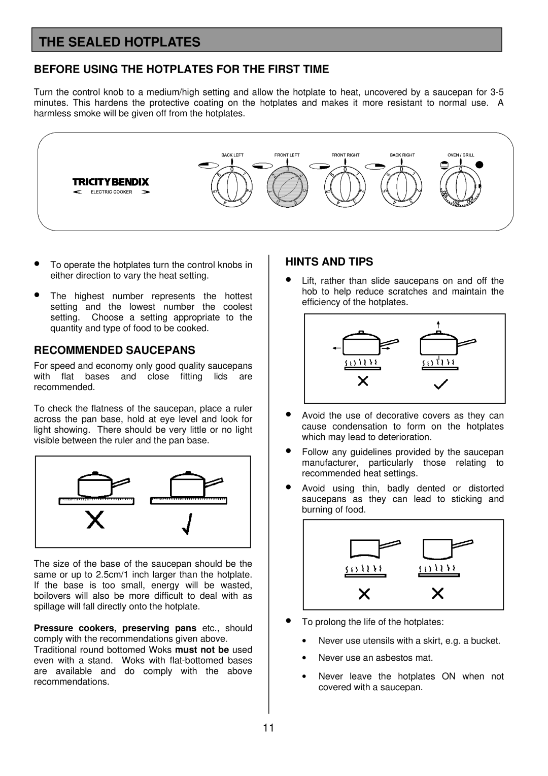 Tricity Bendix SIE 225 Sealed Hotplates, Before Using the Hotplates for the First Time, Recommended Saucepans 