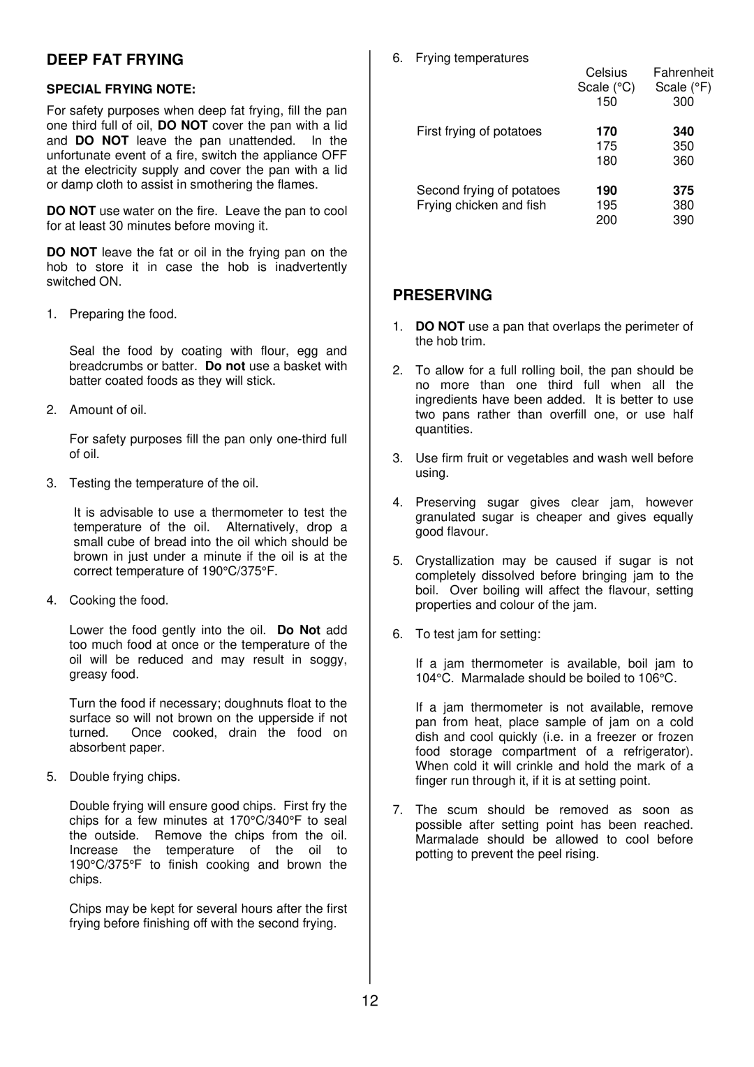 Tricity Bendix SIE 225 installation instructions Deep FAT Frying, Preserving, Special Frying Note, 170 340, 190 375 