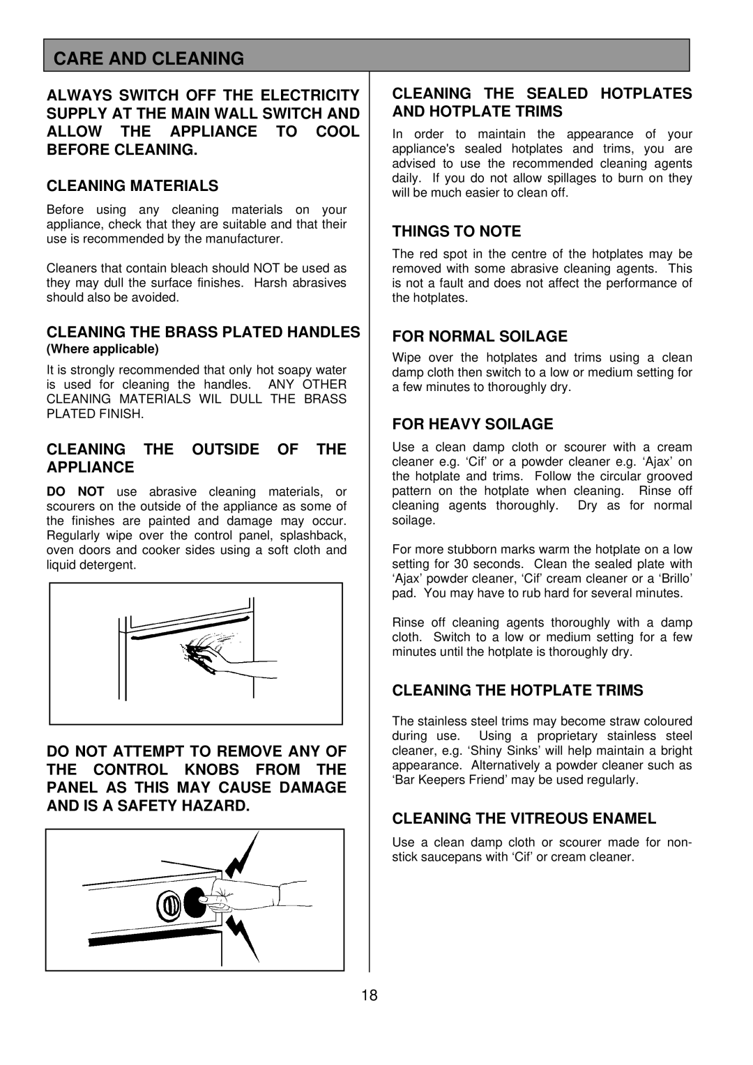 Tricity Bendix SIE 225 installation instructions Care and Cleaning 