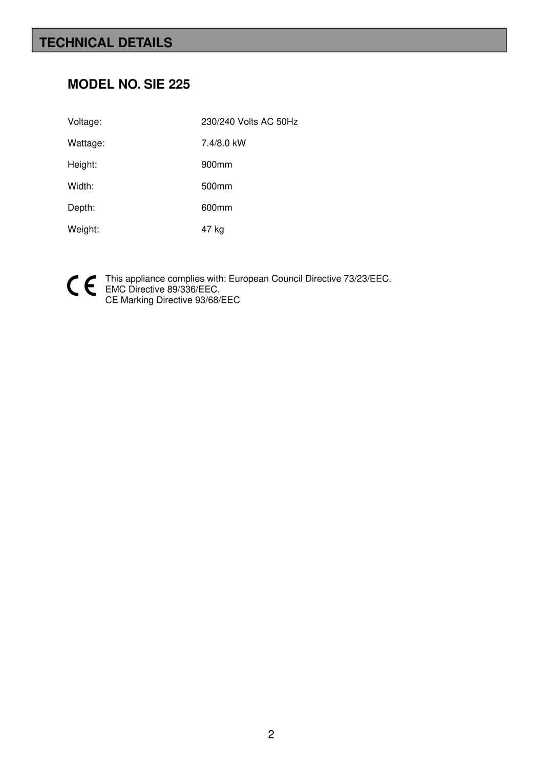 Tricity Bendix SIE 225 installation instructions Technical Details Model NO. SIE 