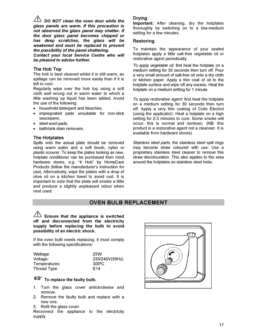 Tricity Bendix SIE 233 manual Oven Bulb Replacement, Hob Top, Hotplates, Drying, Restoring 