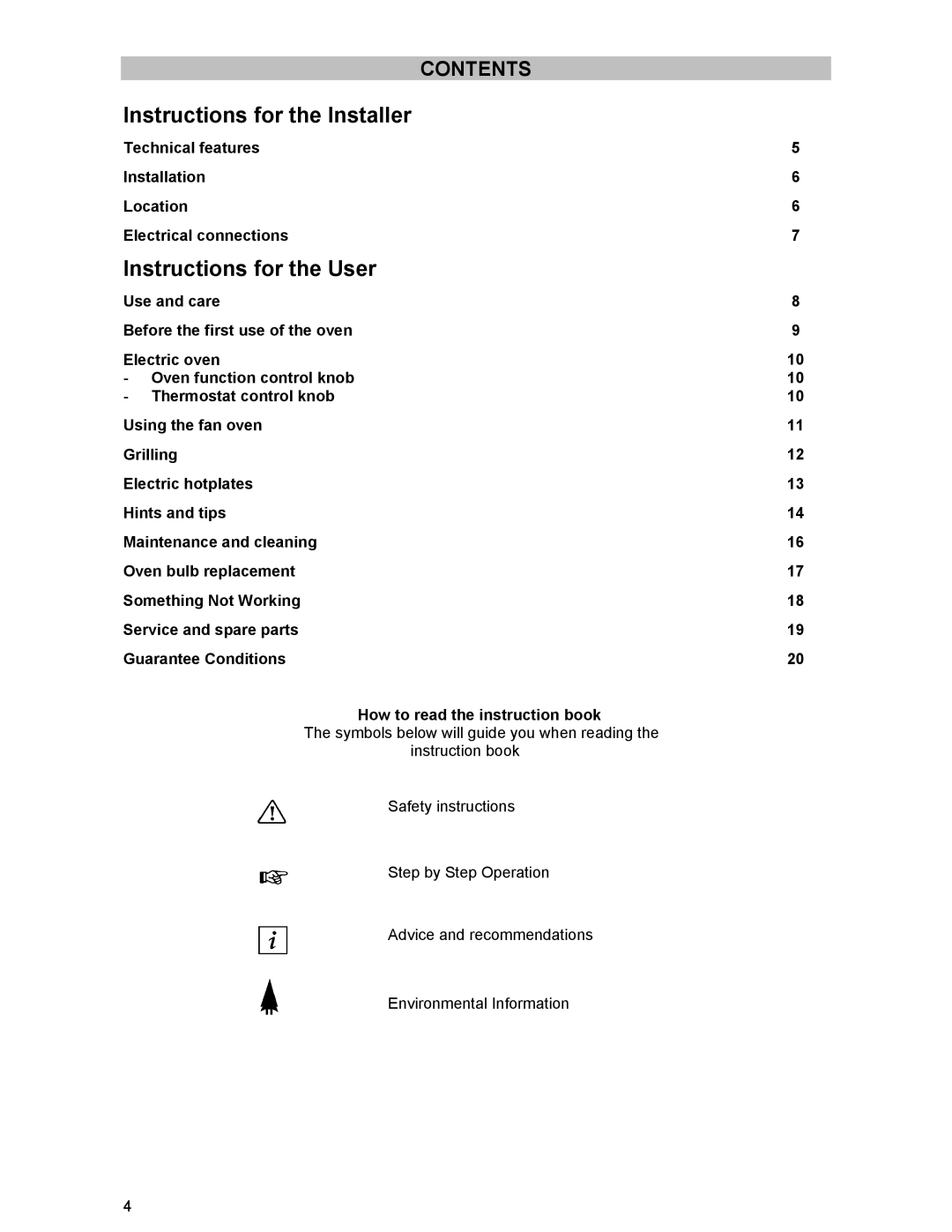 Tricity Bendix SIE 233 manual Instructions for the User, Contents 