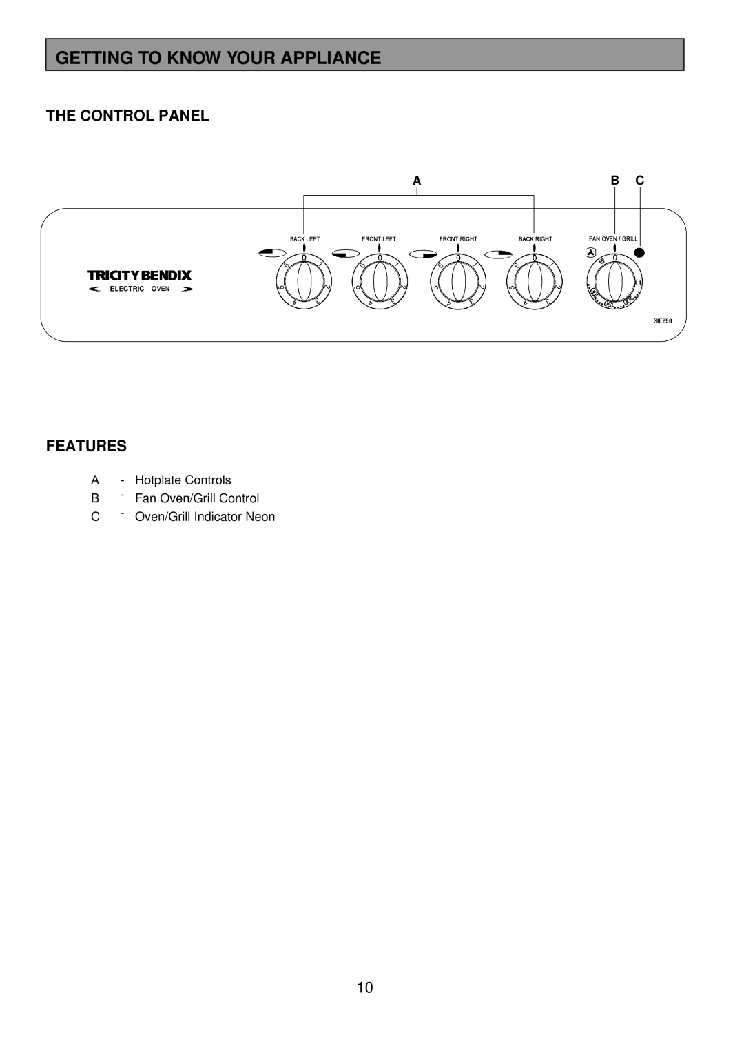 Tricity Bendix SIE 250 installation instructions Getting to Know Your Appliance, Control Panel, Features, Ab C 