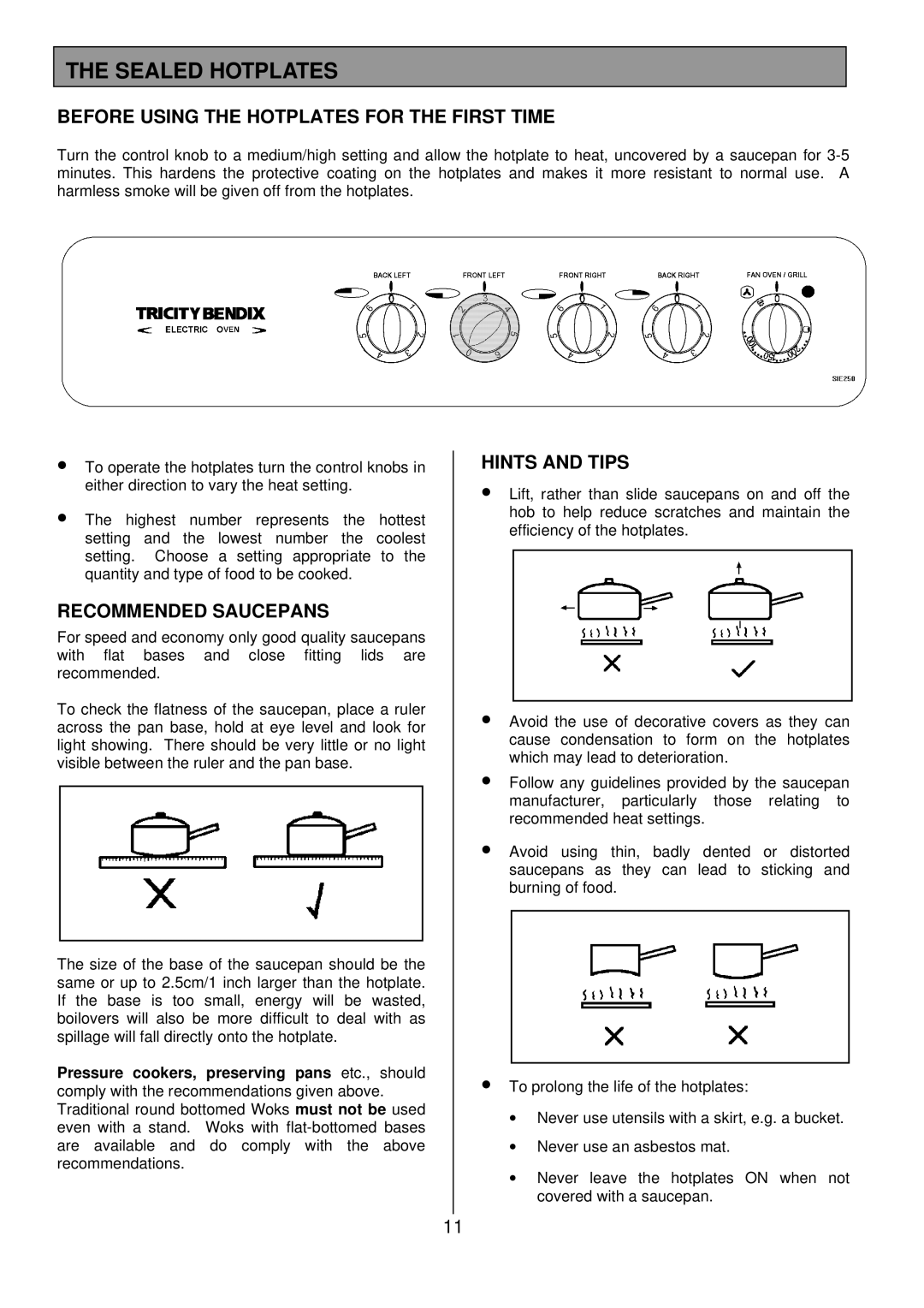 Tricity Bendix SIE 250 Sealed Hotplates, Before Using the Hotplates for the First Time, Recommended Saucepans 