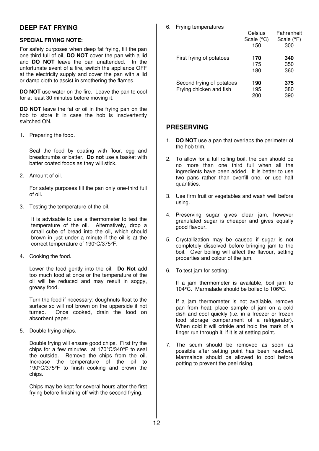 Tricity Bendix SIE 250 installation instructions Deep FAT Frying, Preserving, Special Frying Note 