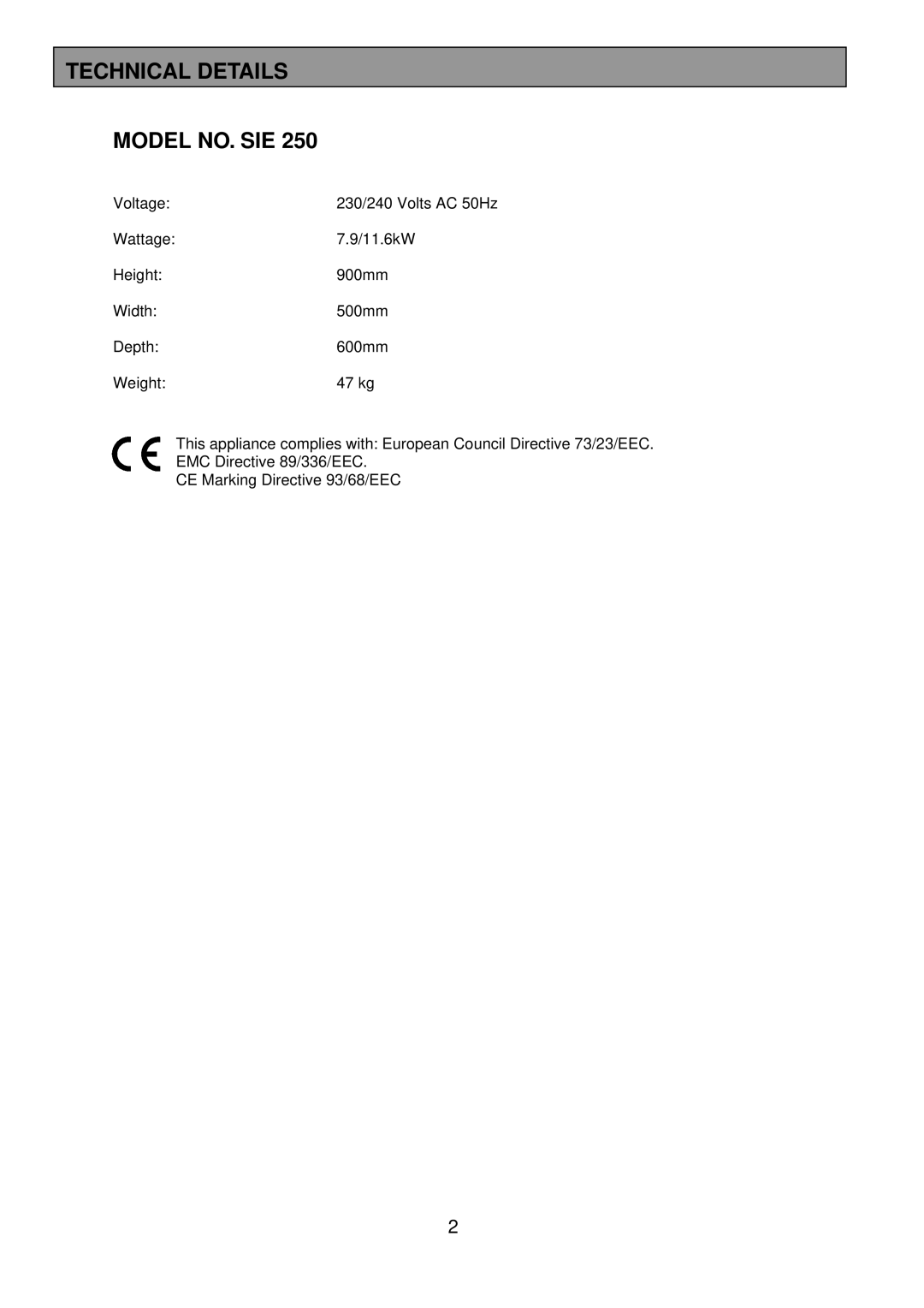 Tricity Bendix SIE 250 installation instructions Technical Details Model NO. SIE 