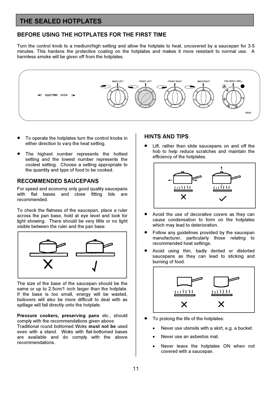 Tricity Bendix SIE 252 Sealed Hotplates, Before Using the Hotplates for the First Time, Recommended Saucepans 