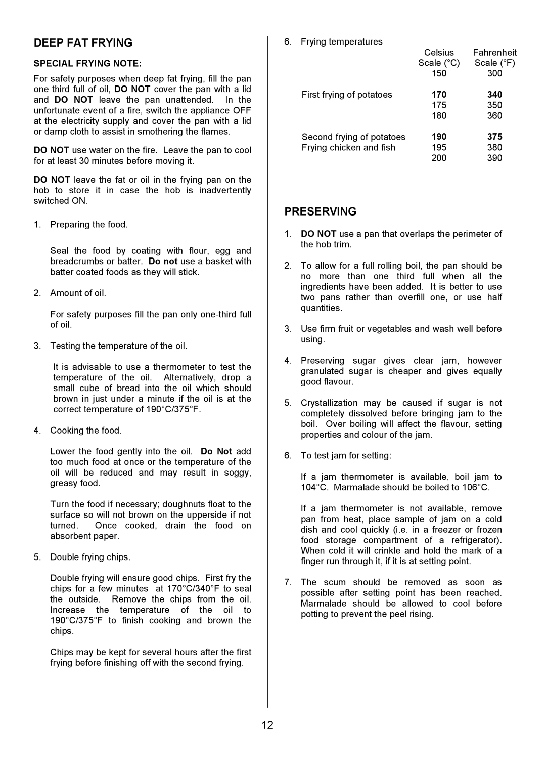 Tricity Bendix SIE 252 installation instructions Deep FAT Frying, Preserving, Special Frying Note 