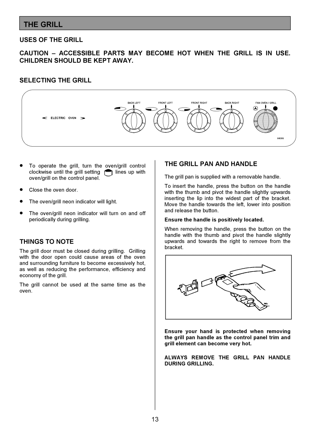 Tricity Bendix SIE 252 Uses of the Grill Selecting the Grill, Things to Note, Grill PAN and Handle 