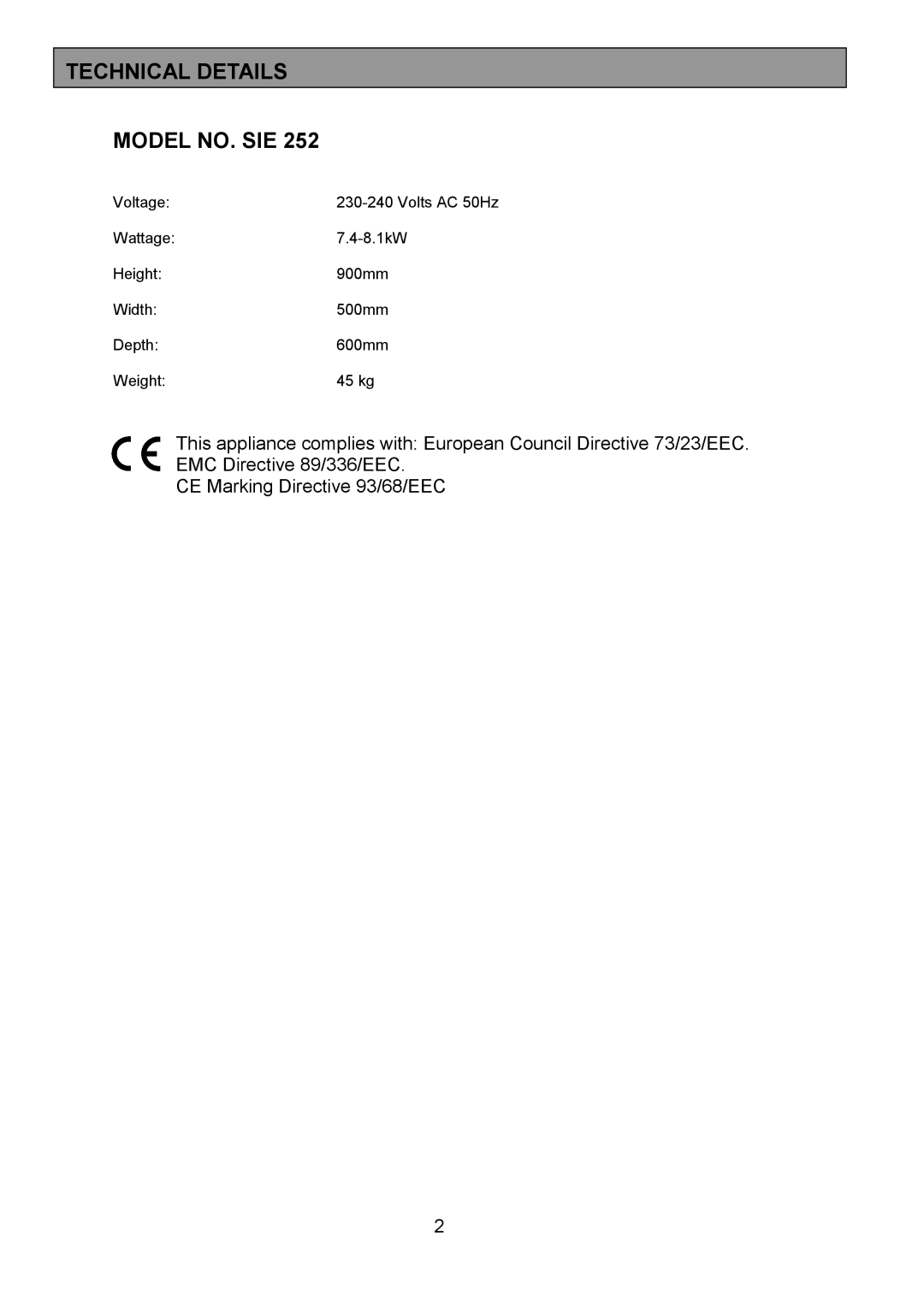 Tricity Bendix SIE 252 installation instructions Technical Details Model NO. SIE 