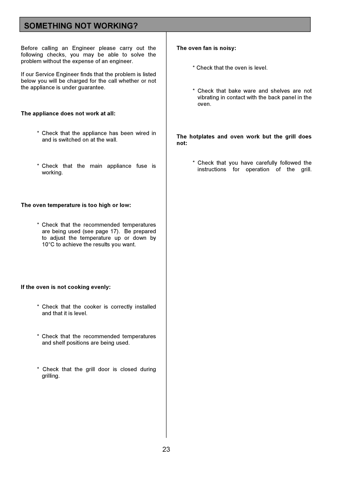 Tricity Bendix SIE 252 installation instructions Something not WORKING?, Appliance does not work at all 