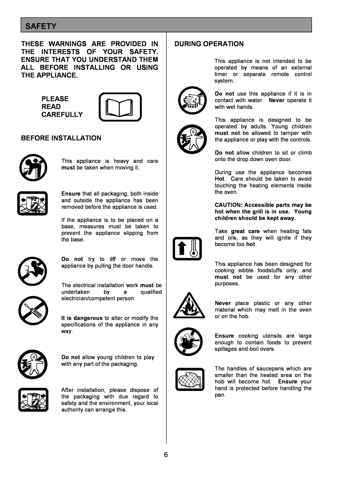 Tricity Bendix SIE 252 installation instructions Safety, Please Read Carefully Before Installation, During Operation 