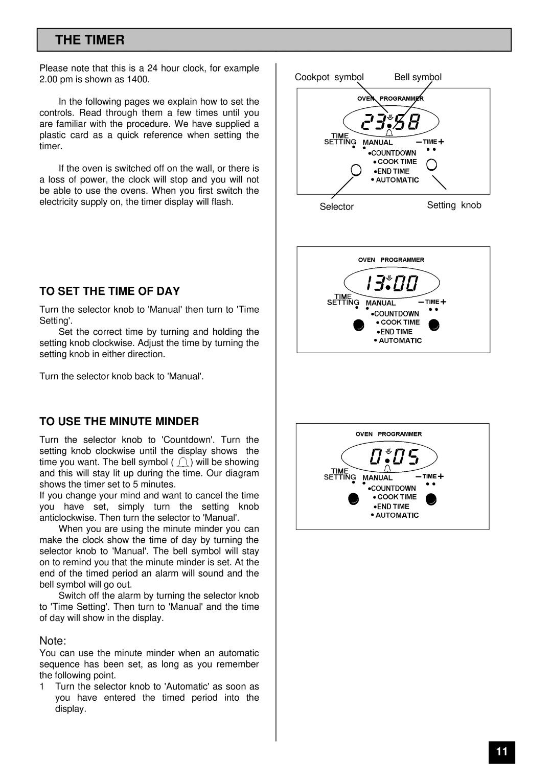 Tricity Bendix SIE 400 installation instructions Timer, To SET the Time of DAY, To USE the Minute Minder 