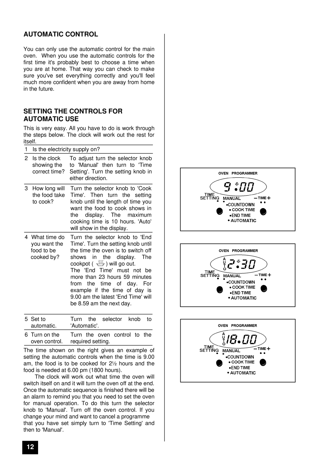 Tricity Bendix SIE 400 installation instructions Automatic Control, Setting the Controls for Automatic USE 