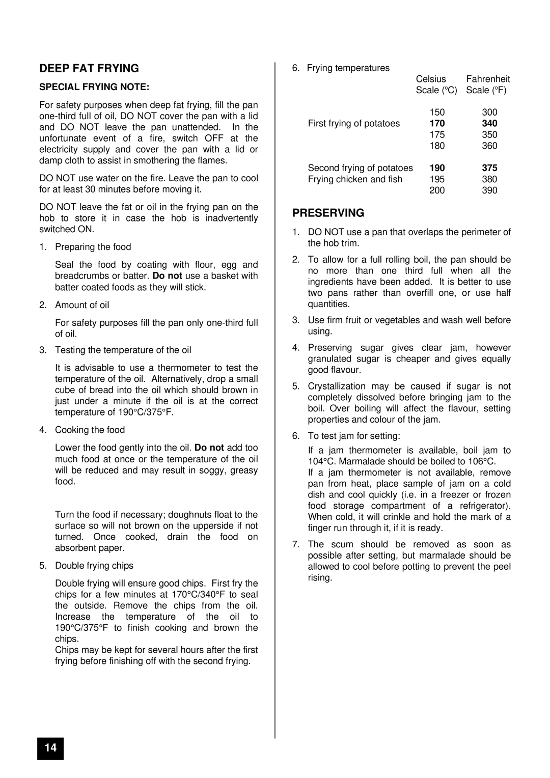 Tricity Bendix SIE 400 installation instructions Deep FAT Frying, Preserving, Special Frying Note 