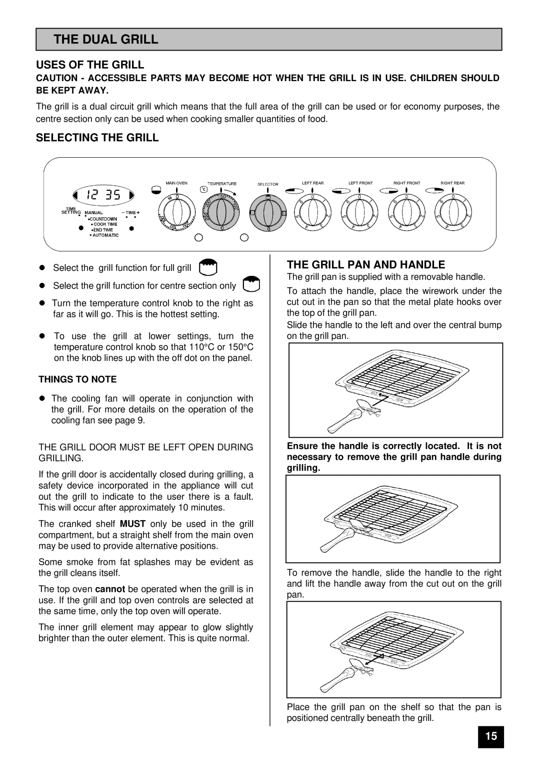 Tricity Bendix SIE 400 installation instructions Dual Grill, Uses of the Grill, Selecting the Grill, Grill PAN and Handle 