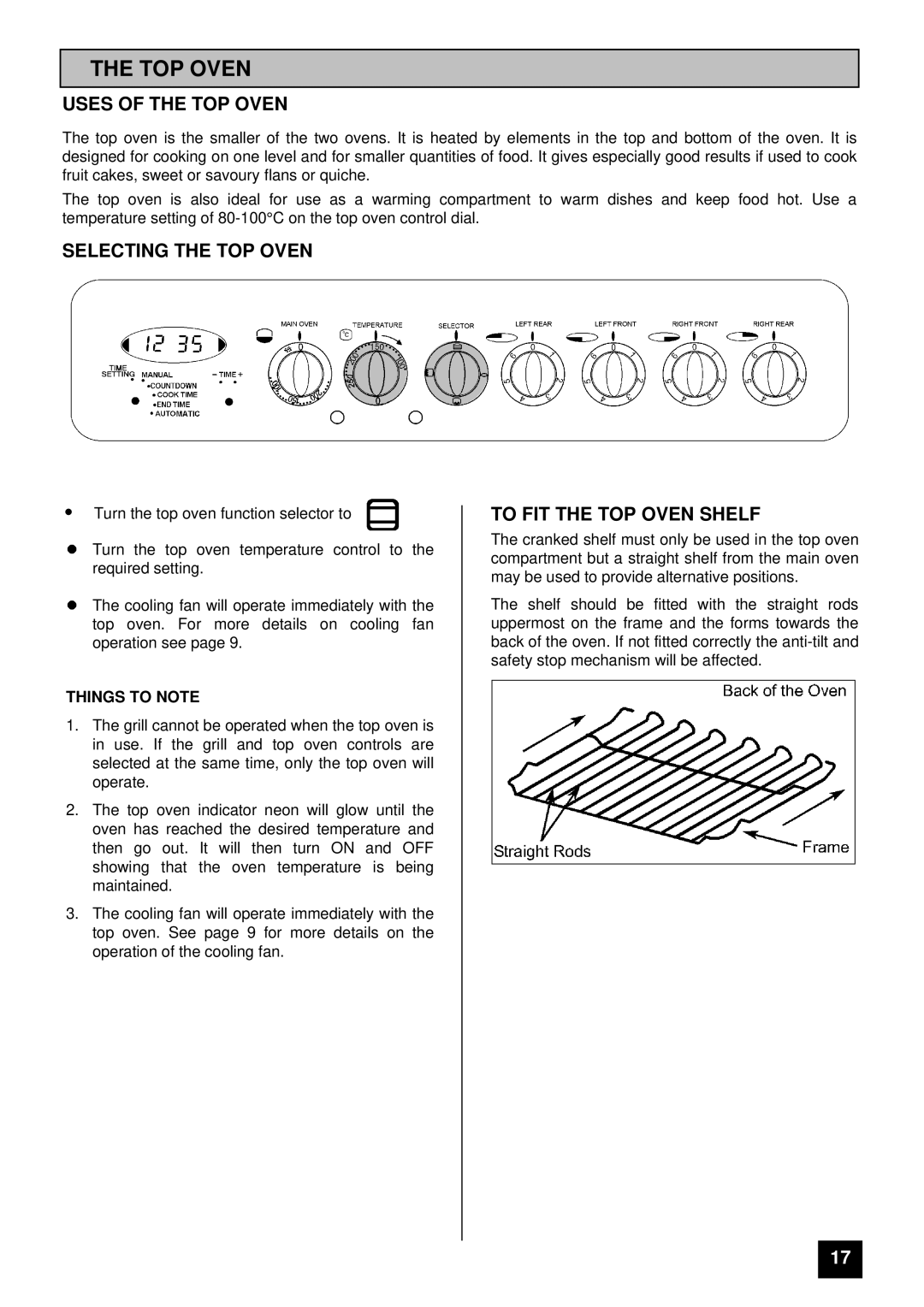 Tricity Bendix SIE 400 Uses of the TOP Oven, Selecting the TOP Oven, To FIT the TOP Oven Shelf, Things to Note 