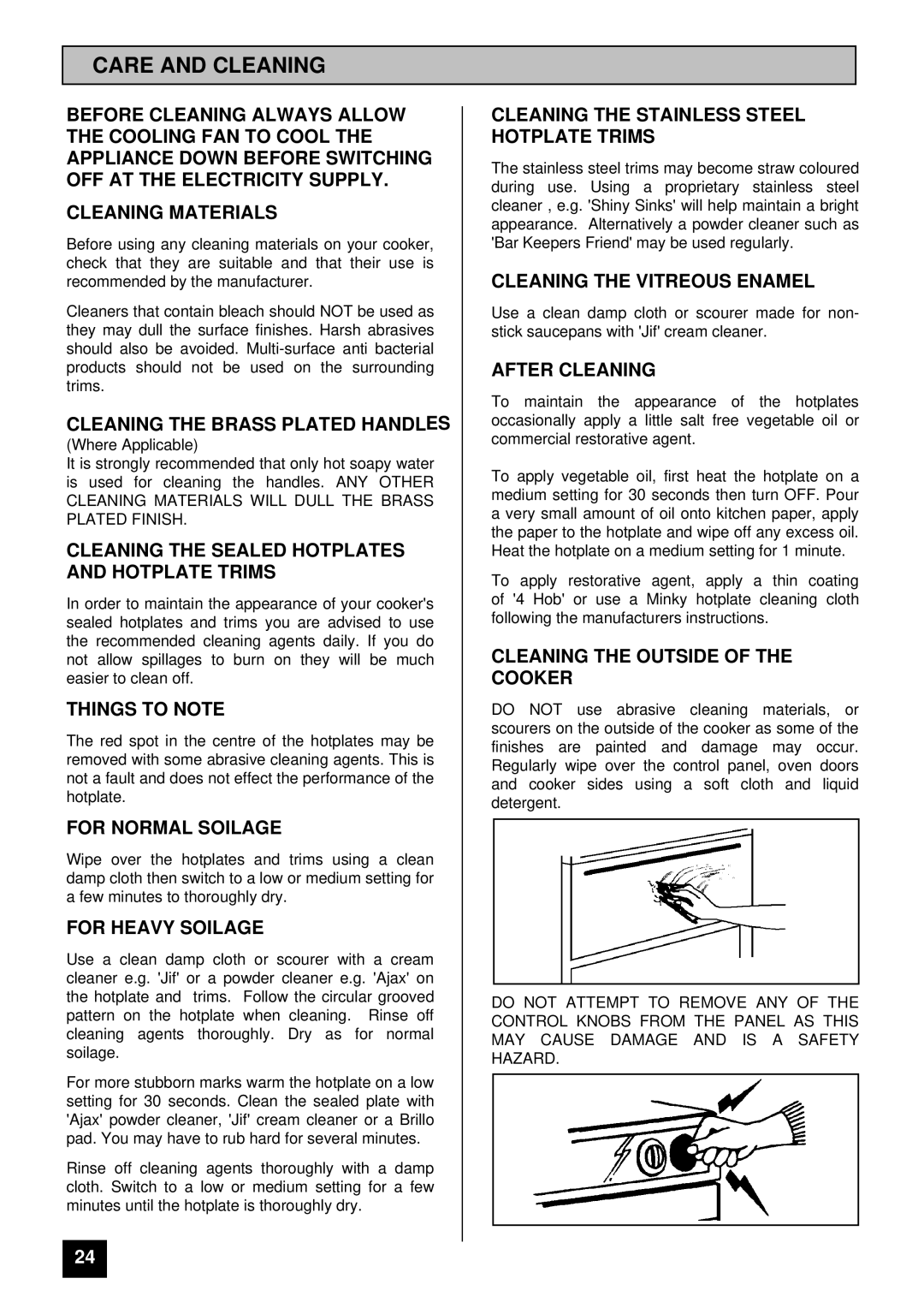 Tricity Bendix SIE 400 installation instructions Care and Cleaning 