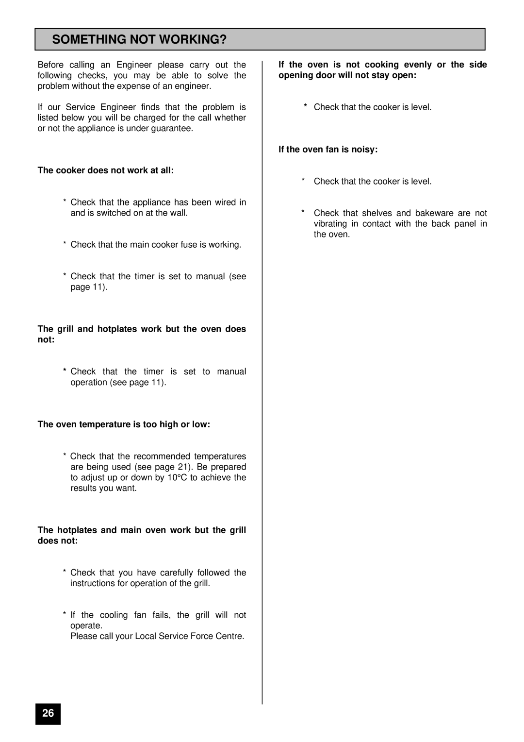 Tricity Bendix SIE 400 installation instructions Something not WORKING?, Cooker does not work at all 