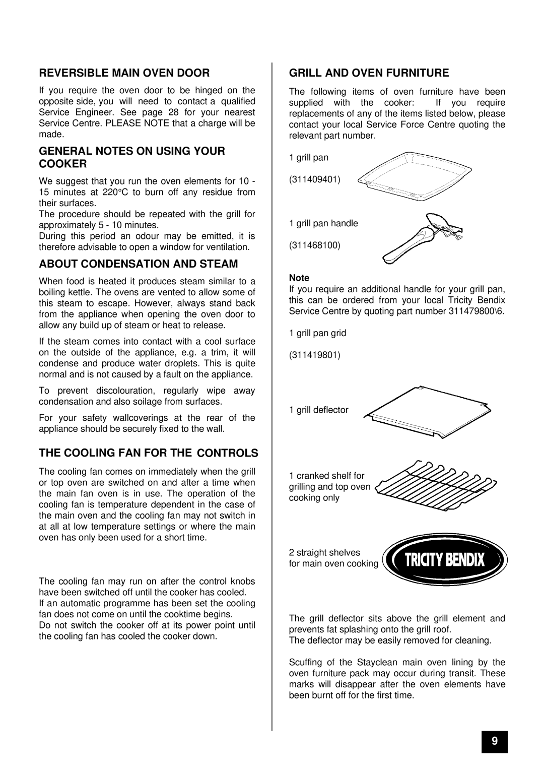 Tricity Bendix SIE 400 Reversible Main Oven Door, General Notes on Using Your Cooker, About Condensation and Steam 