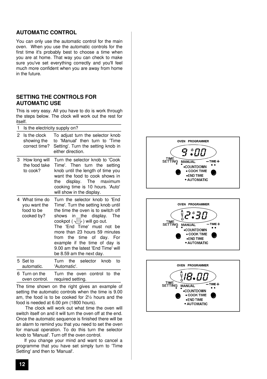 Tricity Bendix SIE 459 installation instructions Automatic Control, Setting the Controls for Automatic USE 