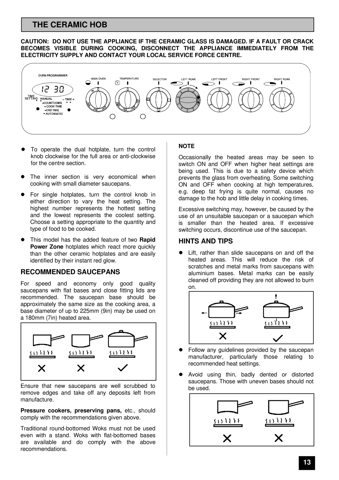 Tricity Bendix SIE 459 installation instructions Ceramic HOB, Recommended Saucepans, Hints and Tips 