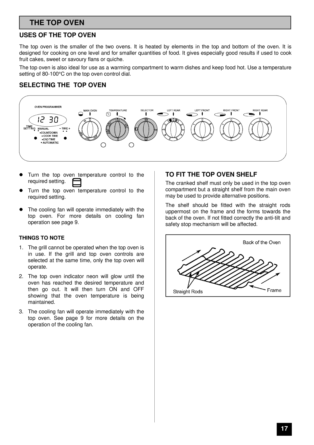 Tricity Bendix SIE 459 Uses of the TOP Oven, Selecting the TOP Oven, To FIT the TOP Oven Shelf 