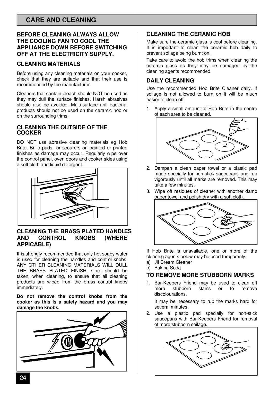 Tricity Bendix SIE 459 Care and Cleaning, Cleaning the Outside of the Cooker, Cleaning the Ceramic HOB, Daily Cleaning 