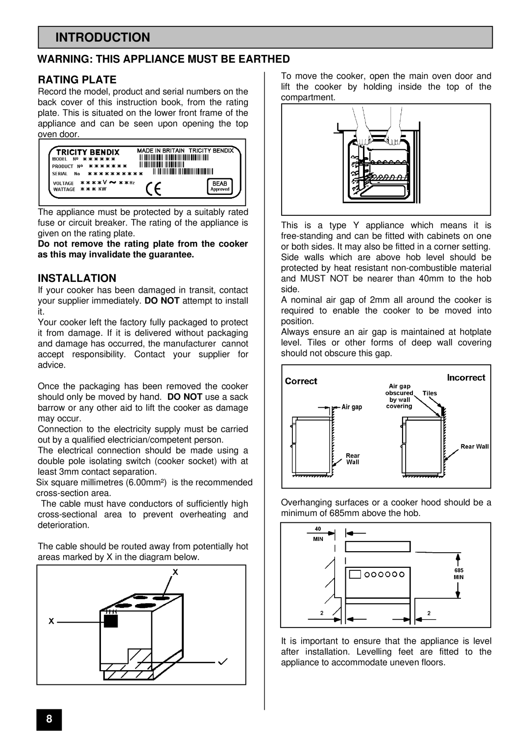 Tricity Bendix SIE 459 installation instructions Introduction, Rating Plate, Installation 