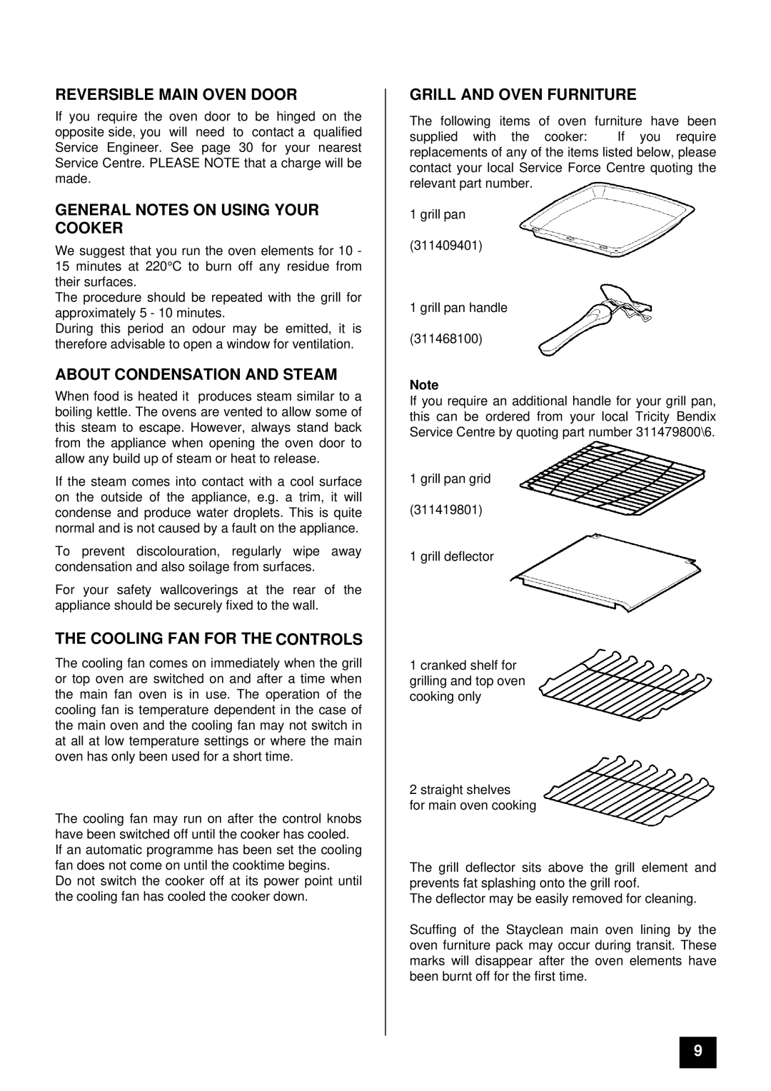 Tricity Bendix SIE 459 Reversible Main Oven Door, General Notes on Using Your Cooker, About Condensation and Steam 