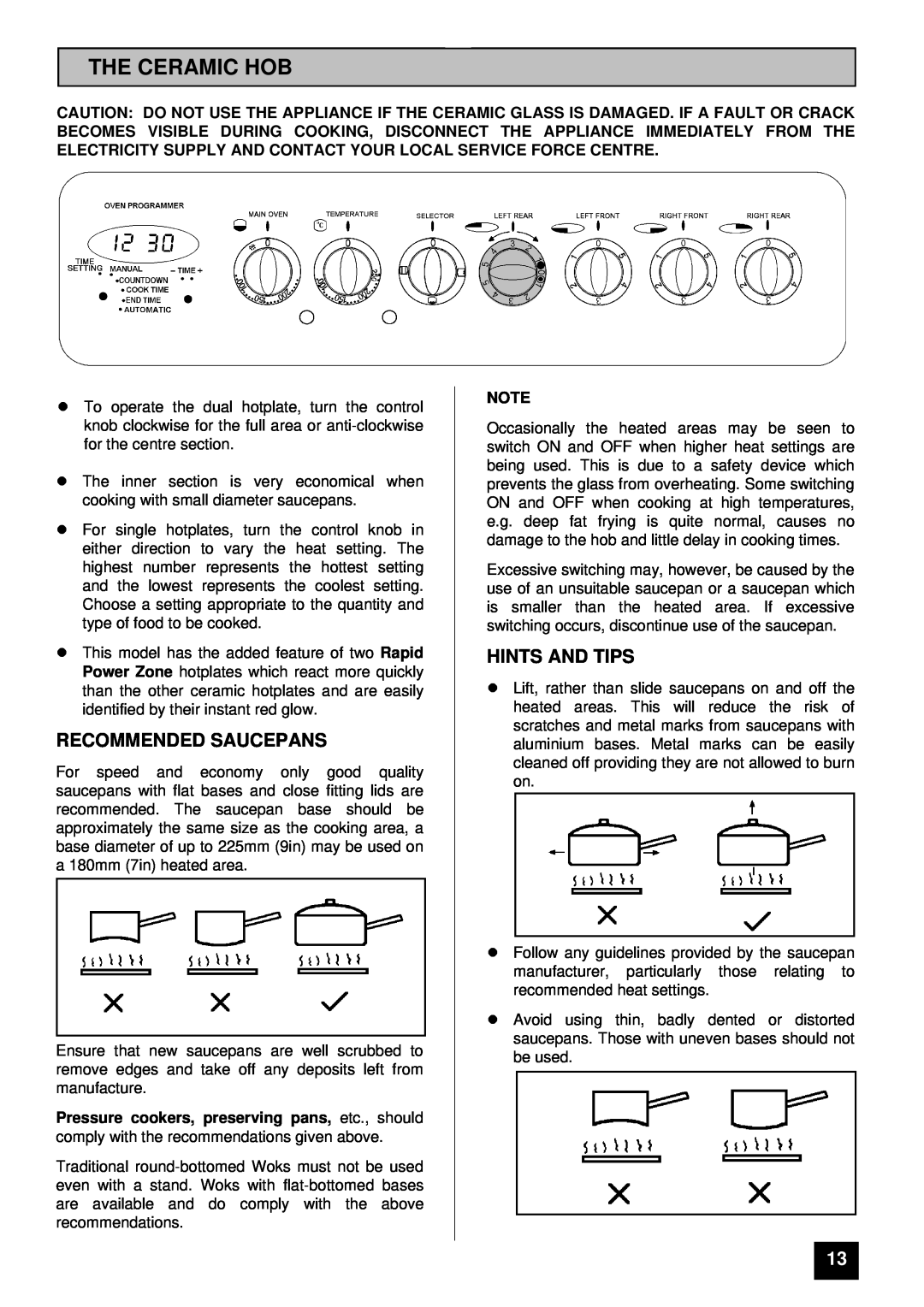 Tricity Bendix SIE 459 installation instructions The Ceramic Hob, Recommended Saucepans, Hints And Tips 