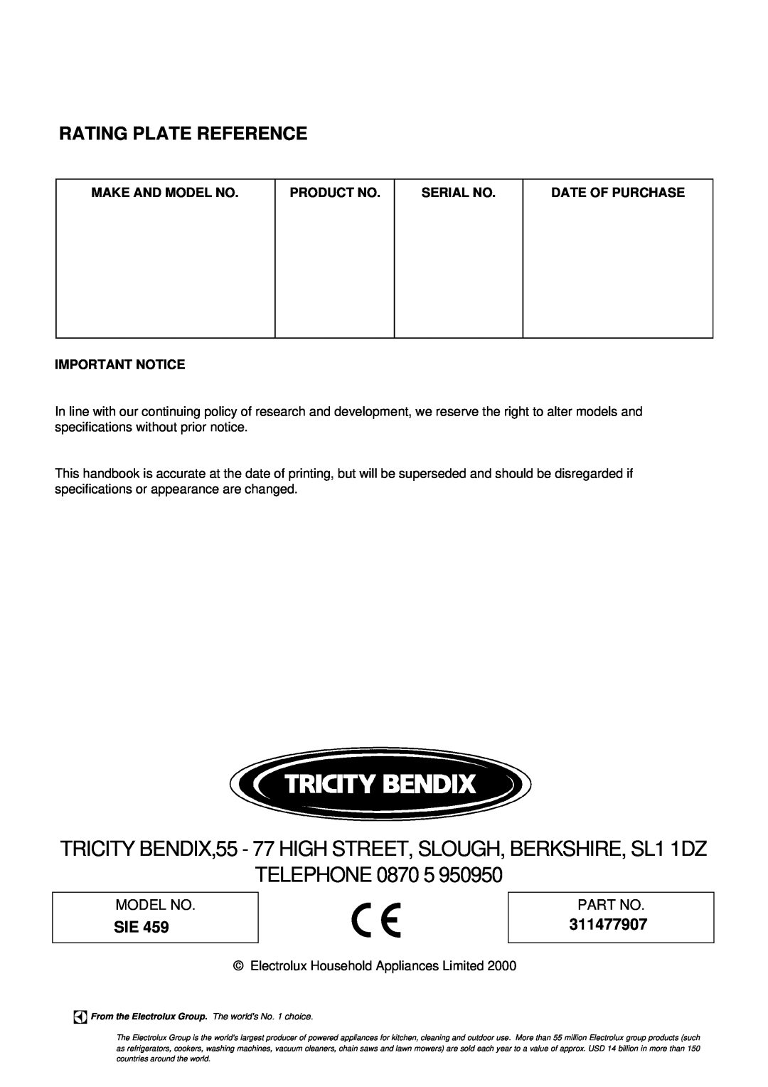 Tricity Bendix SIE 459 Rating Plate Reference, 311477907, Telephone, Make And Model No, Product No, Serial No 