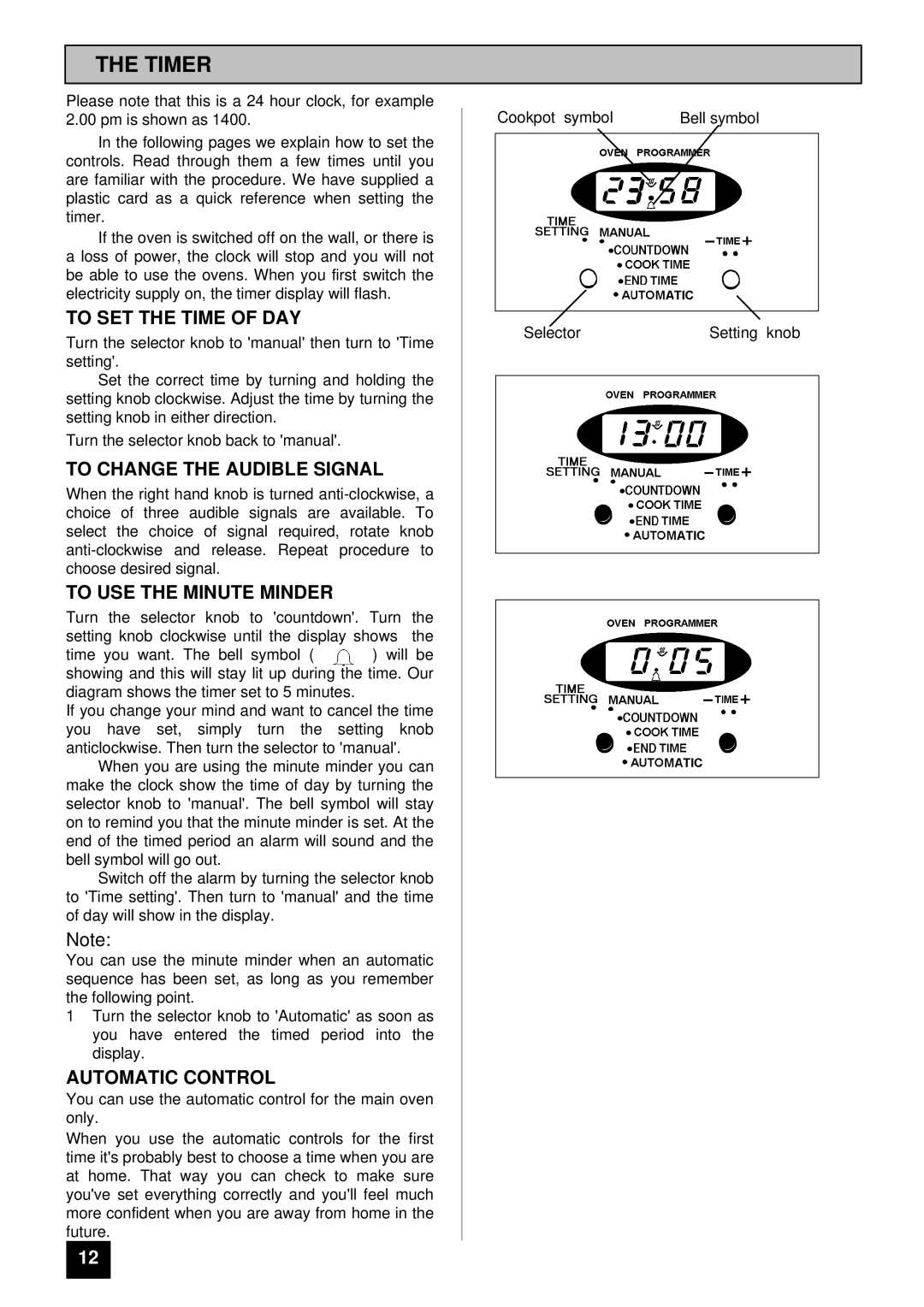 Tricity Bendix SIE 505 SSE/BZ Timer, To SET the Time of DAY, To Change the Audible Signal, To USE the Minute Minder 