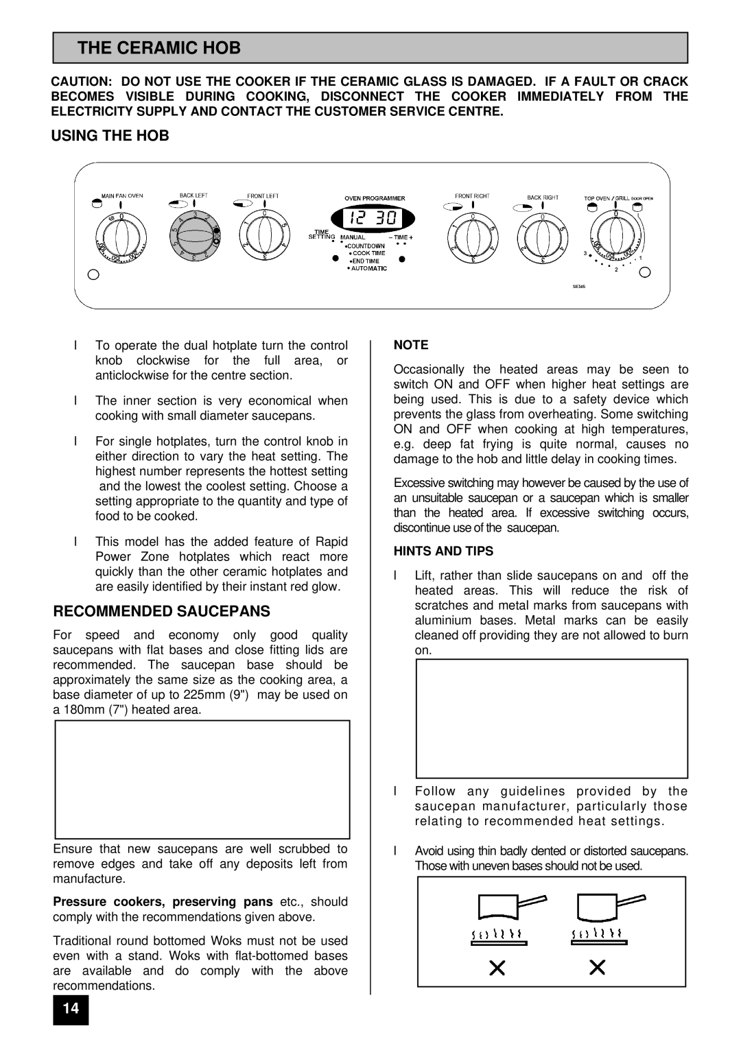 Tricity Bendix SIE 505 SSE/BZ installation instructions Ceramic HOB, Using the HOB, Recommended Saucepans 