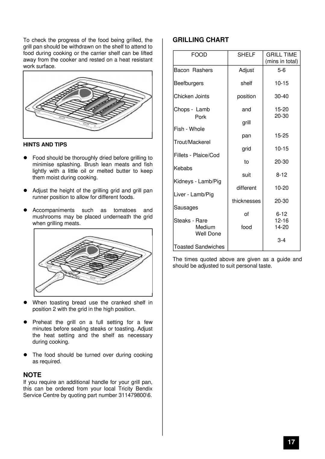 Tricity Bendix SIE 505 SSE/BZ installation instructions Grilling Chart, Hints and Tips 