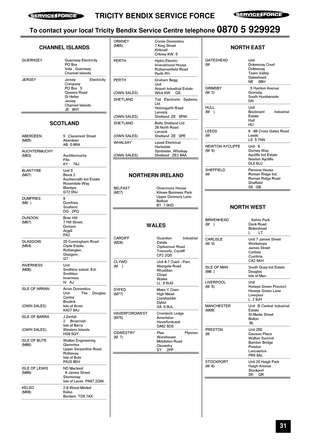 Tricity Bendix SIE 505 SSE/BZ installation instructions Tricity Bendix Service Force 