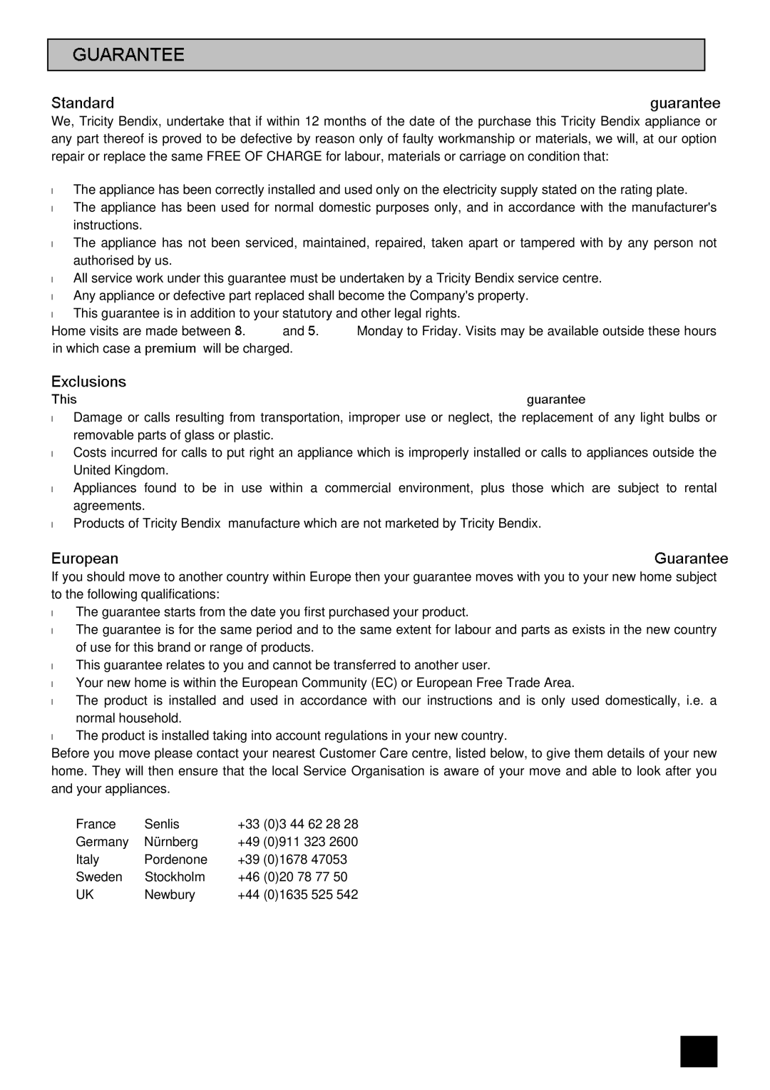 Tricity Bendix SIE 505 SSE/BZ installation instructions Guarantee Conditions, Standard guarantee conditions 