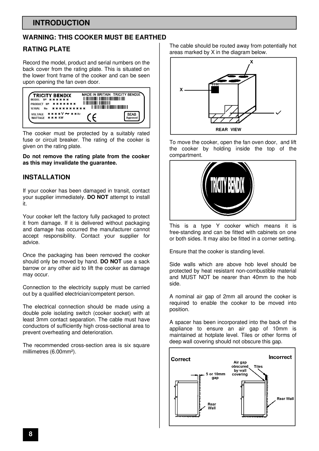 Tricity Bendix SIE 505 SSE/BZ installation instructions Introduction, Rating Plate, Installation 