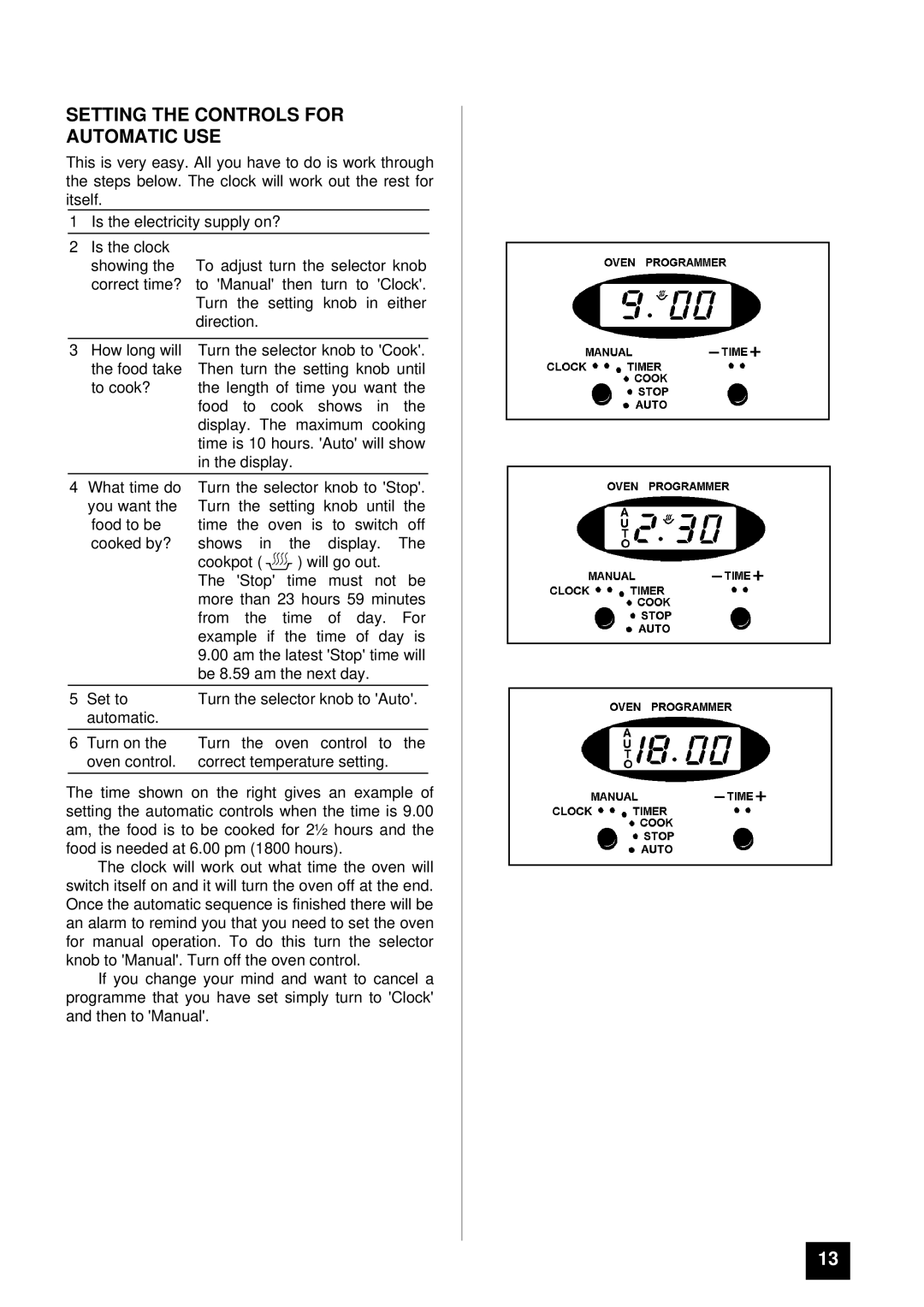 Tricity Bendix SIE 505 installation instructions Setting the Controls for Automatic USE 